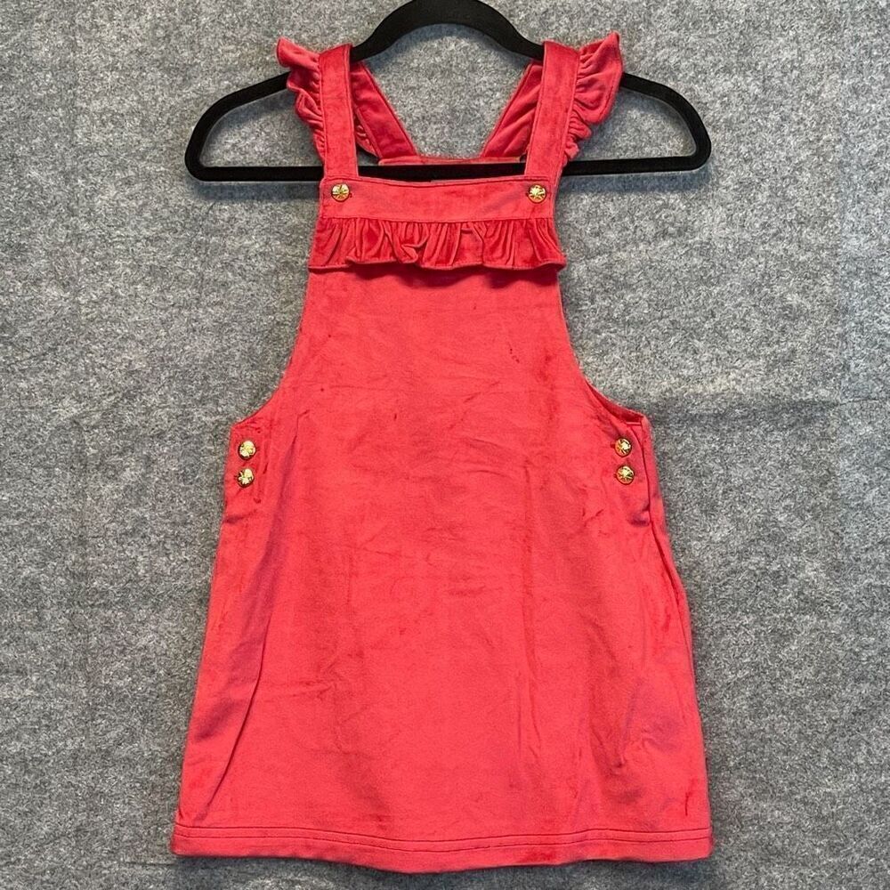 TAHARI Dress Girls Size 8 Pink Velvet Ruffled Lined‎ Square Neck Overall Jumper
